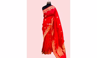 Red Pure Raw Mango With Scallop Border Banarasi Handloom Sareee