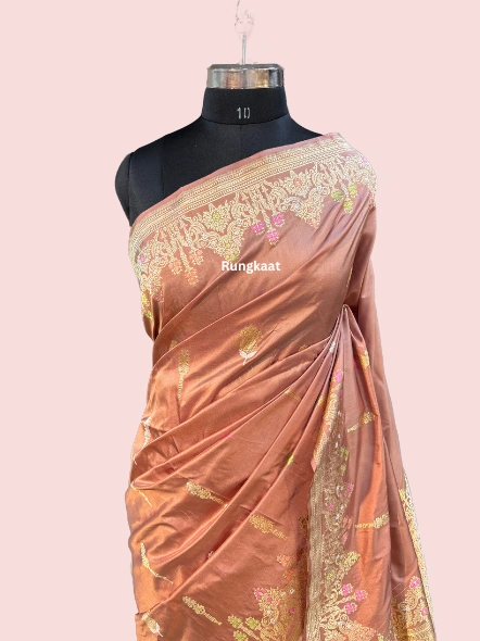 Peach Pure Katan Kadhiyal Belbooti Banarasi Handloom Saree-RUNG1150