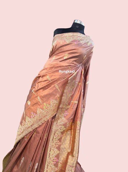 Peach Pure Katan Kadhiyal Belbooti Banarasi Handloom Saree-3