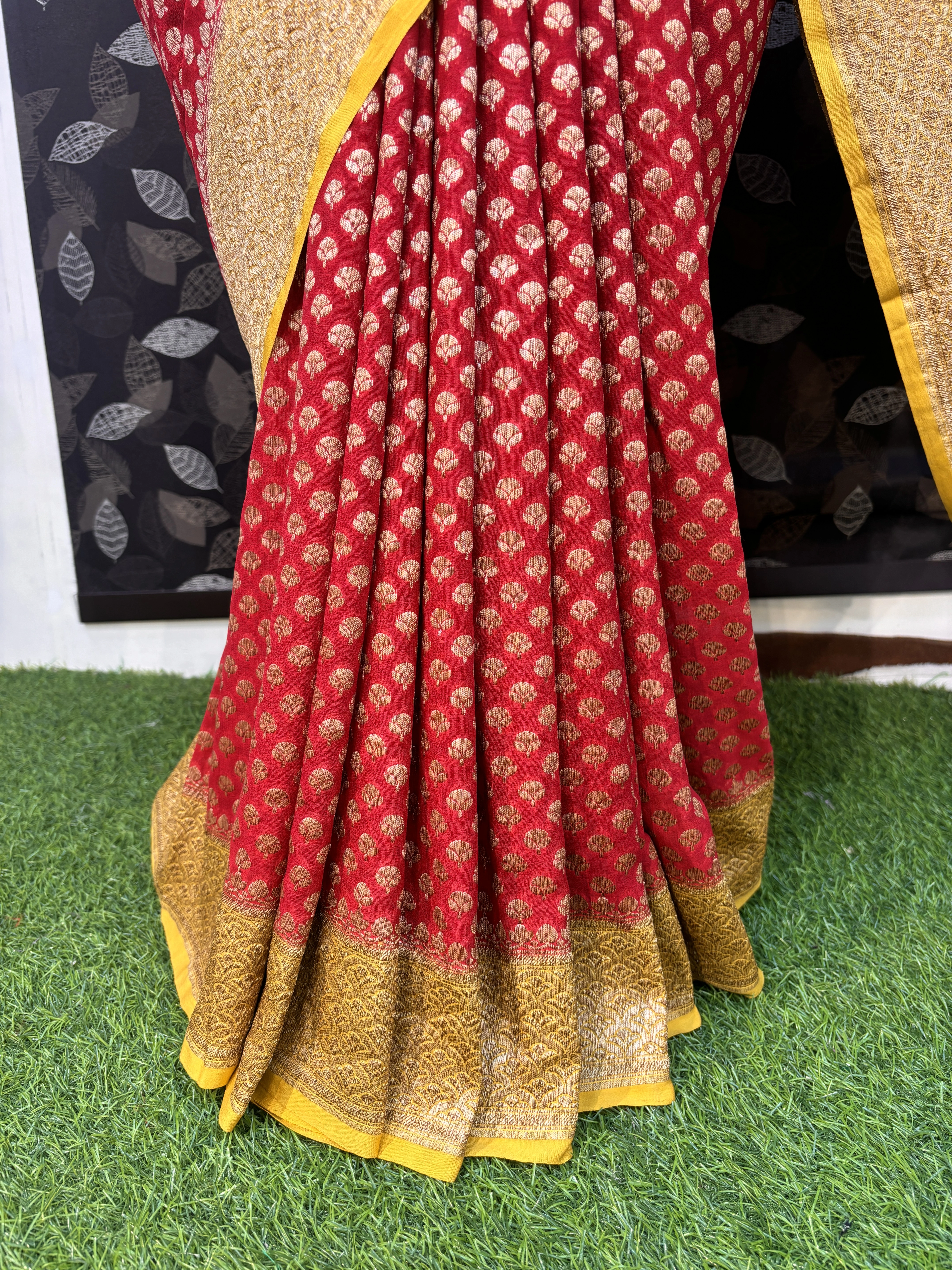 Red Yellow Pure Chiffon Banarasi Handloom Saree-2