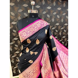 black & rani pink pure katan silk kadhiyal boota banarasi handloom saree
