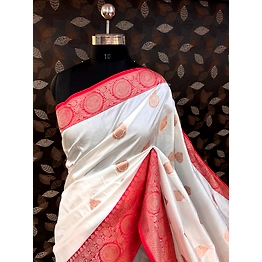 White-Red Pure Katan Kadhiyal Boota Banarasi handloom Saree