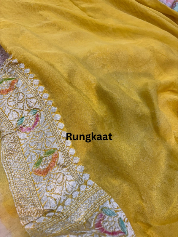 Yellow Pure Khaddi Georgette Meenakari Banarasi Handloom Saree-2