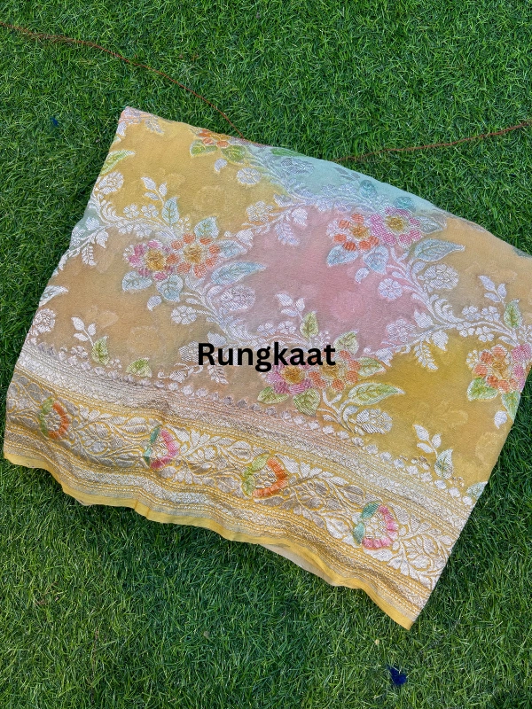 Yellow Pure Khaddi Georgette Meenakari Banarasi Handloom Saree-RUNG1176