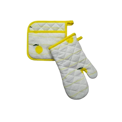 Recycled Cotton Lemon Design Oven Mitt &amp; Pot Holder Set-AIPLKCN003-1