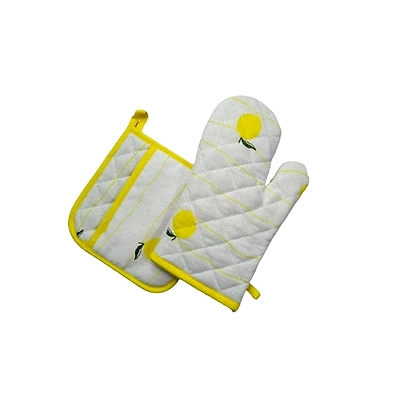 Recycled Cotton Lemon Design Oven Mitt &amp; Pot Holder Set-1