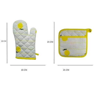 Recycled Cotton Lemon Design Oven Mitt &amp; Pot Holder Set-4