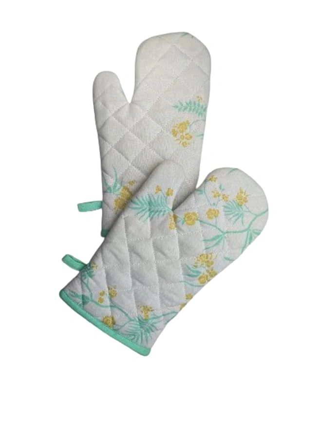 Recycled Cotton Yucca Blue &amp; Straw Yellow Floral Design(Set of 2 Oven mitt)-1