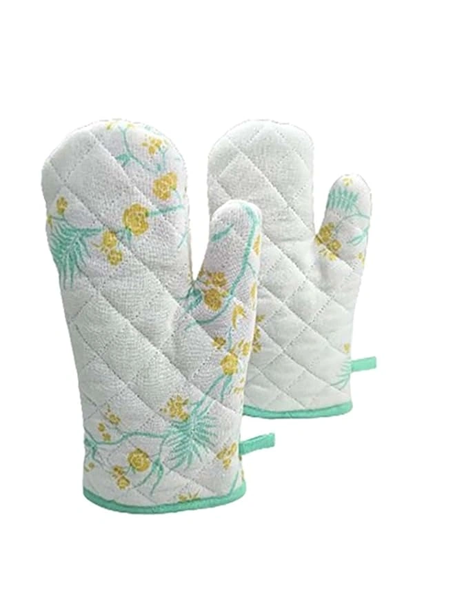 Recycled Cotton Yucca Blue &amp; Straw Yellow Floral Design(Set of 2 Oven mitt)-12620510