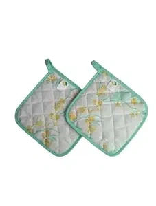 Recycled Cotton Yucca Blue &amp; Straw Yellow Floral Design(Set of 2 Pot Holder)-12620512