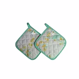 attica tracery recycled cotton yucca blue & straw yellow floral design(set of 2 pot holder)
