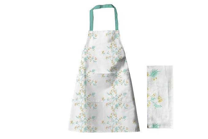 Recycled Cotton Yucca Blue &amp; Straw Yellow Floral design Tea Towel &amp; Kitchen Apron Set-12620516