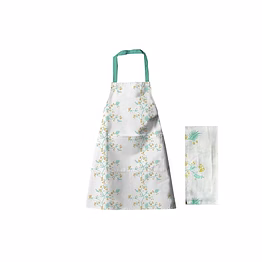 recycled cotton yucca blue & straw yellow floral design tea towel & kitchen apron set