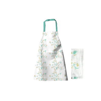 Recycled Cotton Yucca Blue &amp; Straw Yellow Floral design Tea Towel &amp; Kitchen Apron Set-12620516