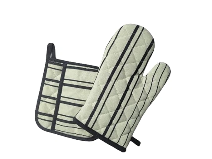 Attica Tracery Recycled Cotton Yellow blended Gray Stripe Oven Mitt &amp; Pot Holder Set-12620756