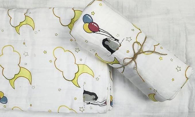 Attica Tracery 3 Layer 100% Muslin Cotton Cloudy Moon Star Print Baby Blanket/Swaddle (Bamboo &amp; Tendor Yellow)-12620768