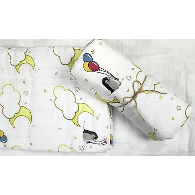 Attica Tracery 3 Layer 100% Muslin Cotton Cloudy Moon Star Print Baby Blanket/Swaddle (Bamboo &amp; Tendor Yellow)-12620768