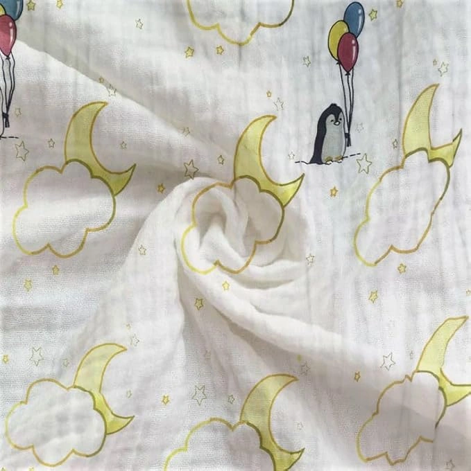 Attica Tracery 3 Layer 100% Muslin Cotton Cloudy Moon Star Print Baby Blanket/Swaddle (Bamboo &amp; Tendor Yellow)-2