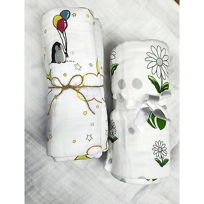 Attica Tracery 3 Layer 100% Muslin Cotton Elephant Print &amp; Cloudy Moon Star Design Baby Blanket/Swaddle - Super Soft for Newborn Kids (set of 2)-12620782