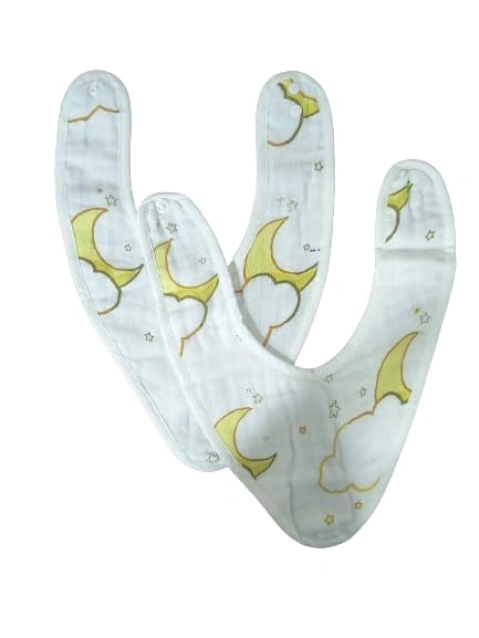 Attica Tracery 3 Layer 100% Muslin Cotton Cloudy Moon Star Print Baby Bib (Bamboo &amp; Tendor Yellow) - Super Soft for Newborn Kids (set of 2)-2