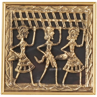 Attica Dhokra Artwork with Wooden Frame (Brass, 10 cm x 2 cm x 30 cm, Gold and White)-1