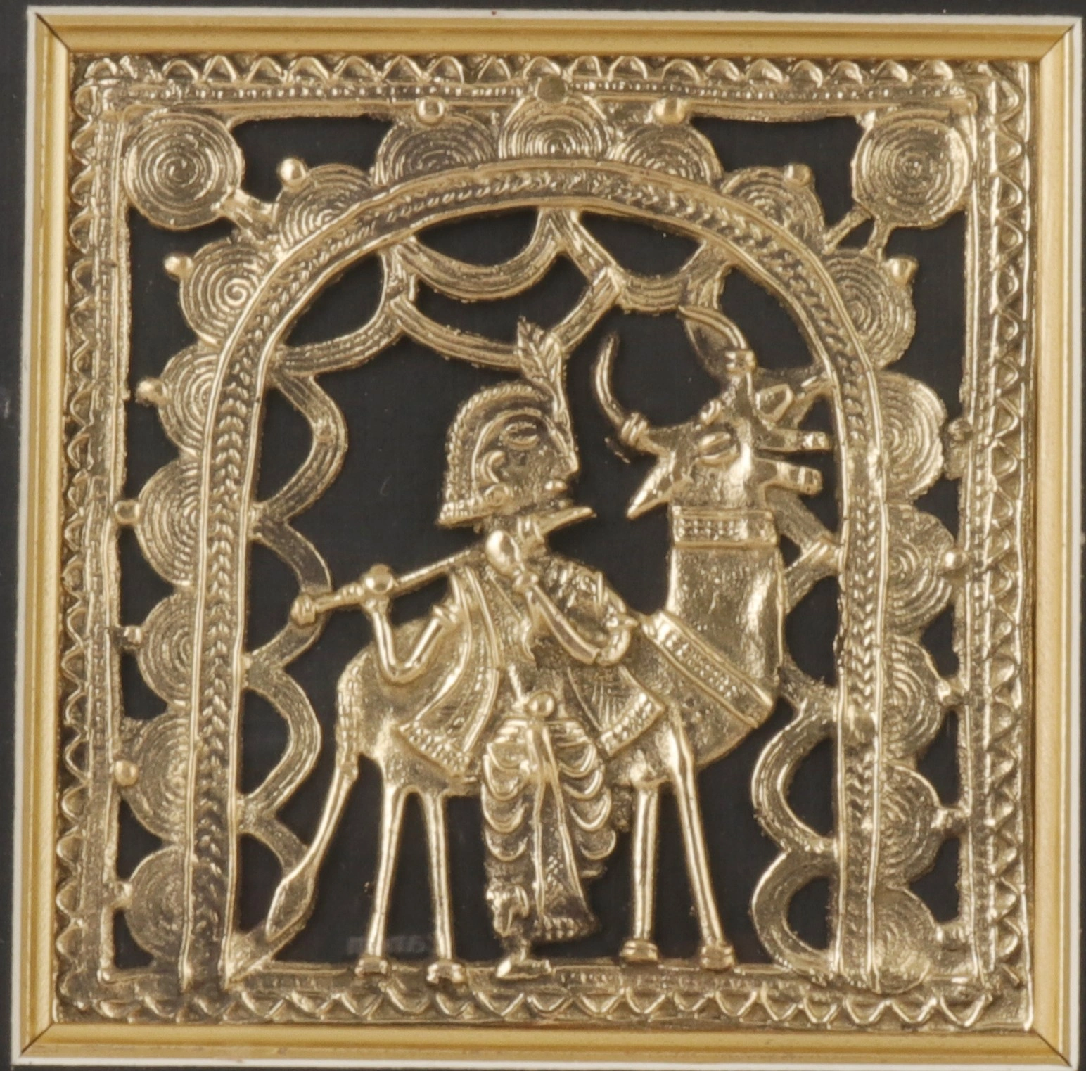 Attica Dhokra Artwork with Wooden Frame (Brass, 10 cm x 2 cm x 30 cm, Gold and White)-1