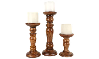 Wooden Pillar Candle Stand, Set of 3 – Hand Crafted Wood Candle Holders for Living Room, Table Centerpiece, Mango Wood Medium Polish Finish (SIZE1(12', 8', 6')
