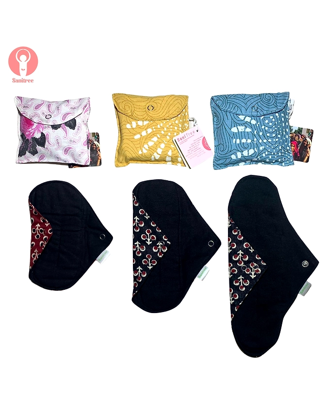 Sanitree Reusable Cloth Pad || Washable Menstrual Pad || Biodegradable || Hygienic ||  Block Print at back || Leak Proof  || Rash Proof || Breathable ||  Skin Friendly || Organic || Eco friendly || Sustainable || Easy to Wash || Stainfree || Handmade || Comfortable ||  Lasts upto 2 years ( 150-200 washes) ||  Made with Love in India || Made by Women || Free Pouch || || Pack of 1 Large Pad + 1 Medium Pad+ 1 Panty Liner|| Trial Pack ||-12329852