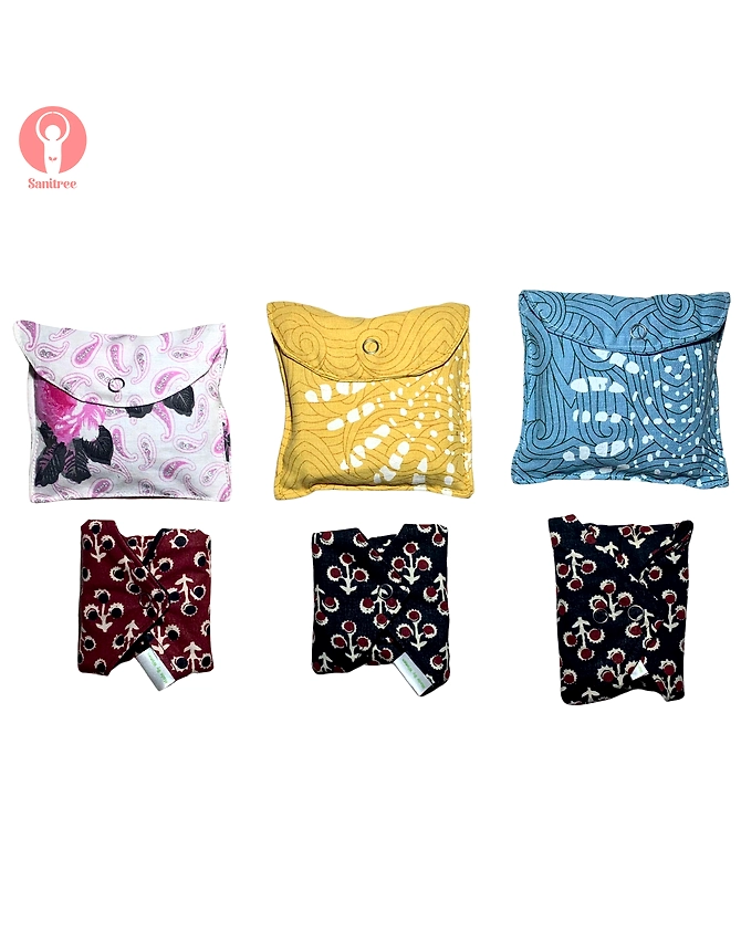 Sanitree Reusable Cloth Pad || Washable Menstrual Pad || Biodegradable || Hygienic ||  Block Print at back || Leak Proof  || Rash Proof || Breathable ||  Skin Friendly || Organic || Eco friendly || Sustainable || Easy to Wash || Stainfree || Handmade || Comfortable ||  Lasts upto 2 years ( 150-200 washes) ||  Made with Love in India || Made by Women || Free Pouch || || Pack of 1 Large Pad + 1 Medium Pad+ 1 Panty Liner|| Trial Pack ||-1