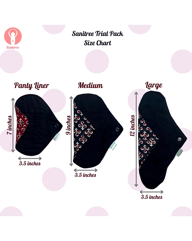 Sanitree Reusable Cloth Pad || Washable Menstrual Pad || Biodegradable || Hygienic ||  Block Print at back || Leak Proof  || Rash Proof || Breathable ||  Skin Friendly || Organic || Eco friendly || Sustainable || Easy to Wash || Stainfree || Handmade || Comfortable ||  Lasts upto 2 years ( 150-200 washes) ||  Made with Love in India || Made by Women || Free Pouch || || Pack of 1 Large Pad + 1 Medium Pad+ 1 Panty Liner|| Trial Pack ||-2