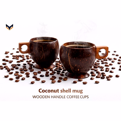 premium coconut shell coffee mug set - handmade eco-friendly wooden handle cups