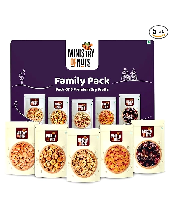 Ministry Of Nuts Family Pack Of 5 Premium Dry Fruits Almonds 150g, Dried figs 125g, Walnuts 125g, Raisins 175g, Dates 175g in Different Combos Total 750g-12339050