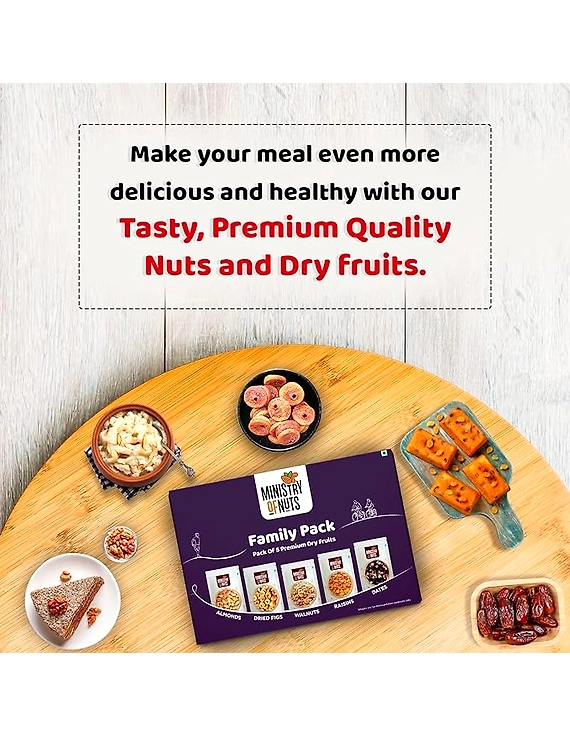Ministry Of Nuts Family Pack Of 5 Premium Dry Fruits Almonds 150g, Dried figs 125g, Walnuts 125g, Raisins 175g, Dates 175g in Different Combos Total 750g-3