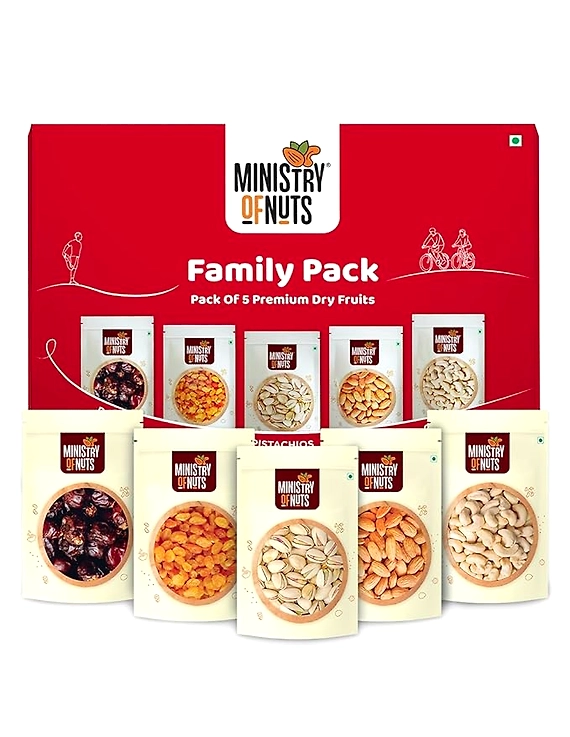 Ministry Of Nuts Family Pack Of 5 Premium Dry Fruits California Almonds 150g, California Pistachios 125g Whole Cashew Nuts 150g, Seedless Raisins 150g &amp; Omani Dates 175g Total 750G-12339082