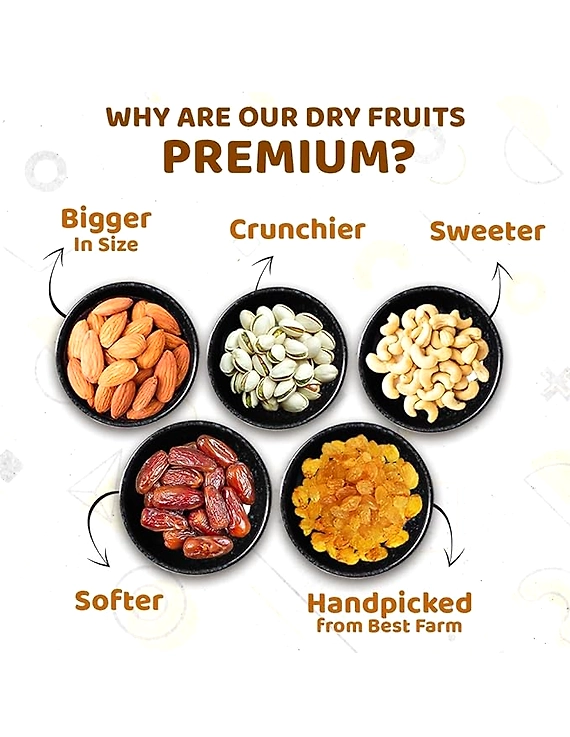 Ministry Of Nuts Family Pack Of 5 Premium Dry Fruits California Almonds 150g, California Pistachios 125g Whole Cashew Nuts 150g, Seedless Raisins 150g &amp; Omani Dates 175g Total 750G-2