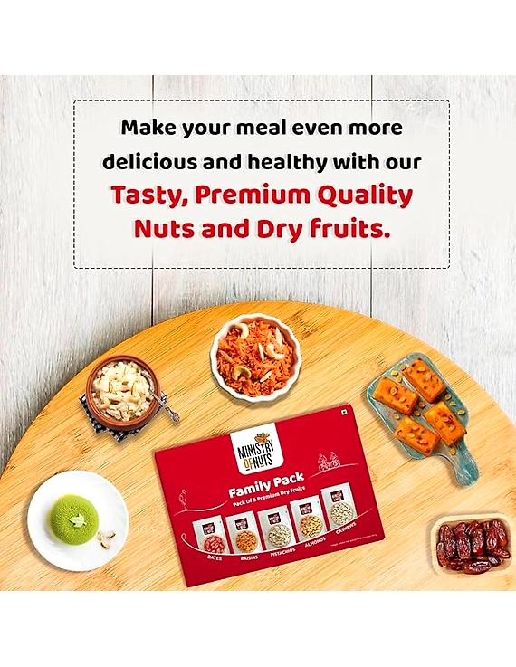 Ministry Of Nuts Family Pack Of 5 Premium Dry Fruits California Almonds 150g, California Pistachios 125g Whole Cashew Nuts 150g, Seedless Raisins 150g &amp; Omani Dates 175g Total 750G-4