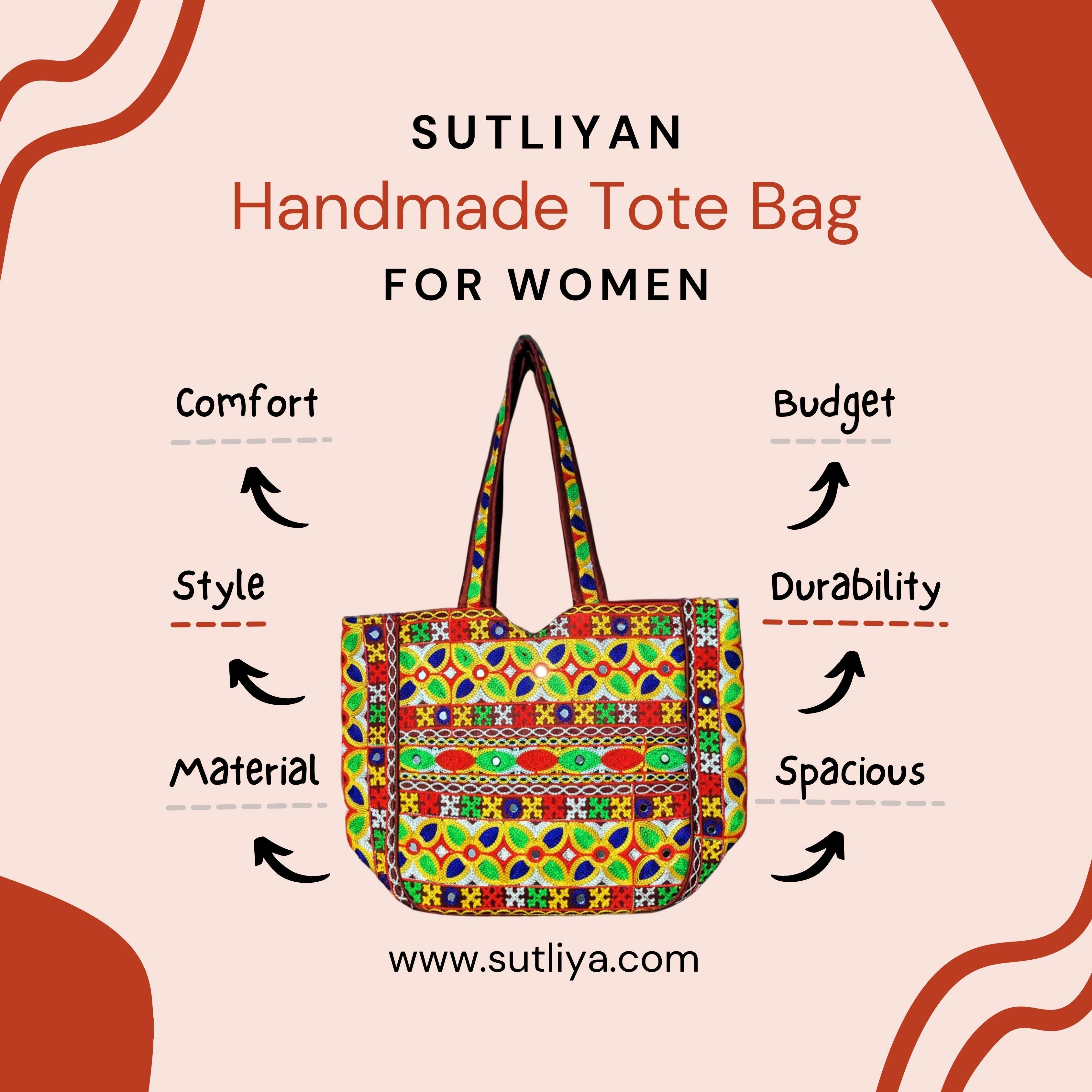 SUTLIYAN Handmade Gujarati Double-Sided Embroidery Maroon Regular Tote Bag for Women (12*16 Inch)-2