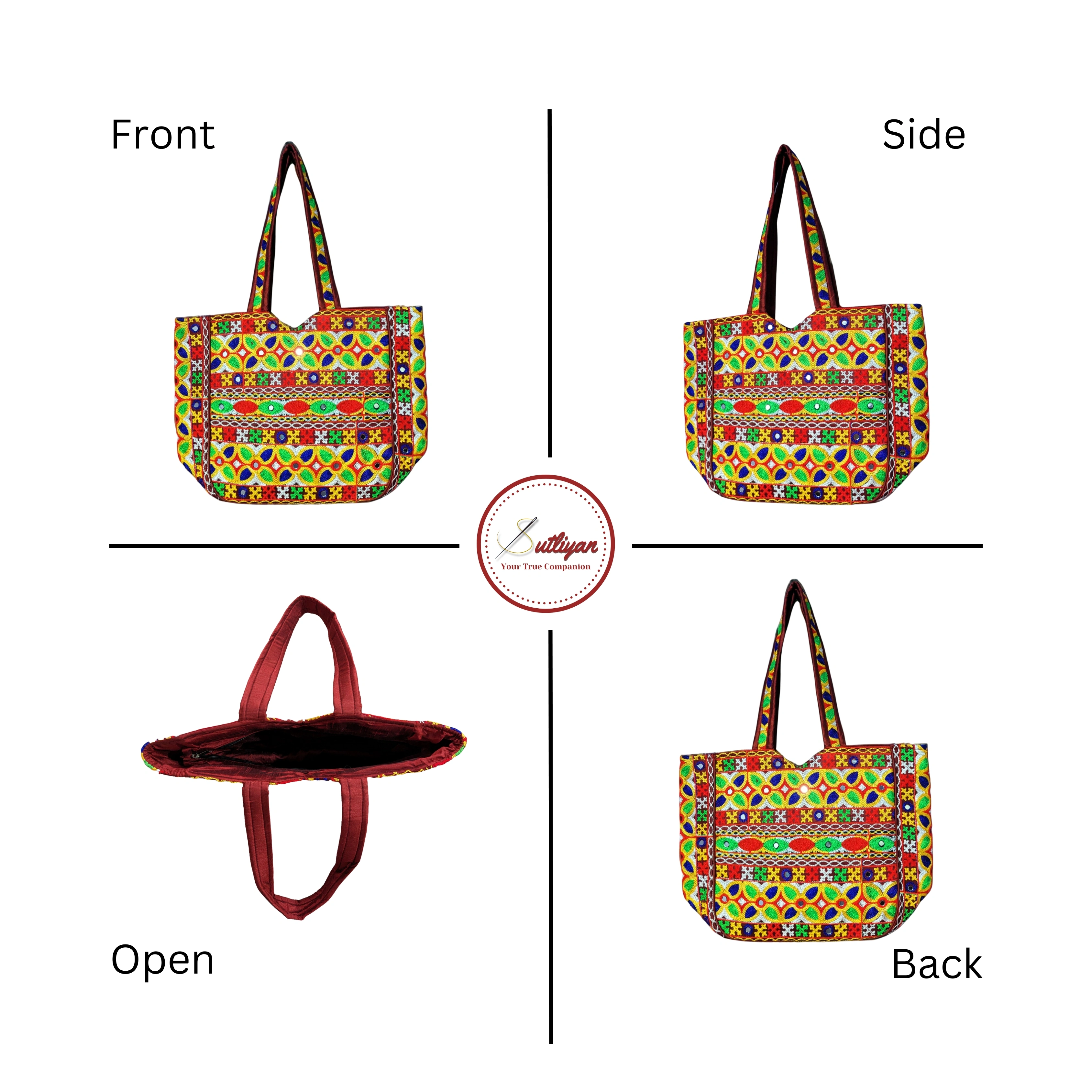 SUTLIYAN Handmade Gujarati Double-Sided Embroidery Maroon Regular Tote Bag for Women (12*16 Inch)-3