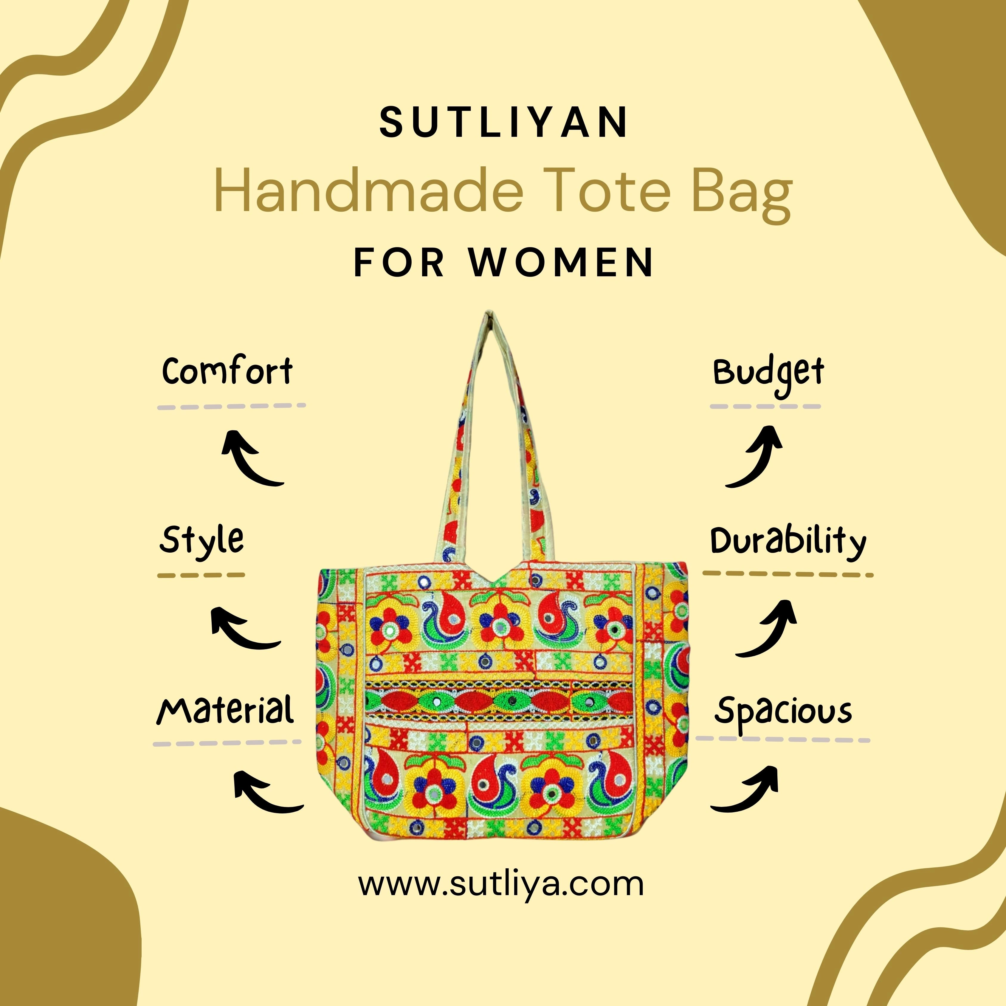 SUTLIYAN Handmade Gujarati Double-Sided Embroidery Off White Regular Tote Bag for Women (12*16 Inch)-2