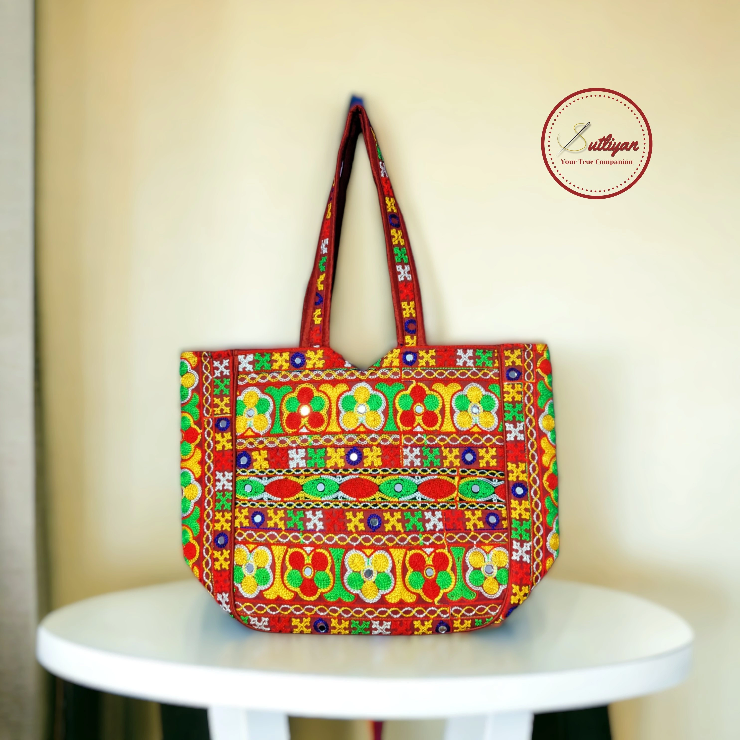 SUTLIYAN Handmade Gujarati Double-Sided Embroidery Red Regular Tote Bag for Women (12*16 Inch)-12334028