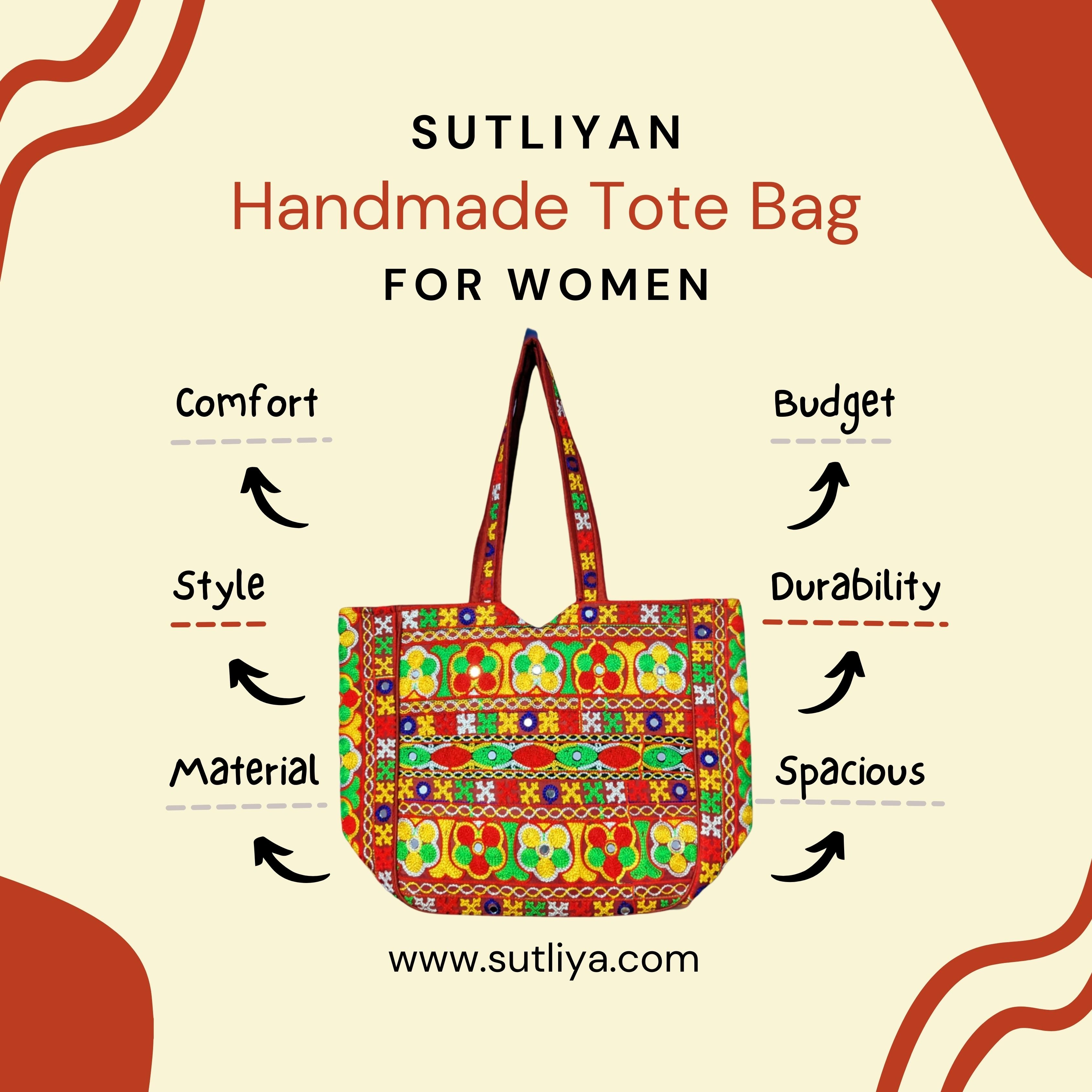 SUTLIYAN Handmade Gujarati Double-Sided Embroidery Red Regular Tote Bag for Women (12*16 Inch)-2