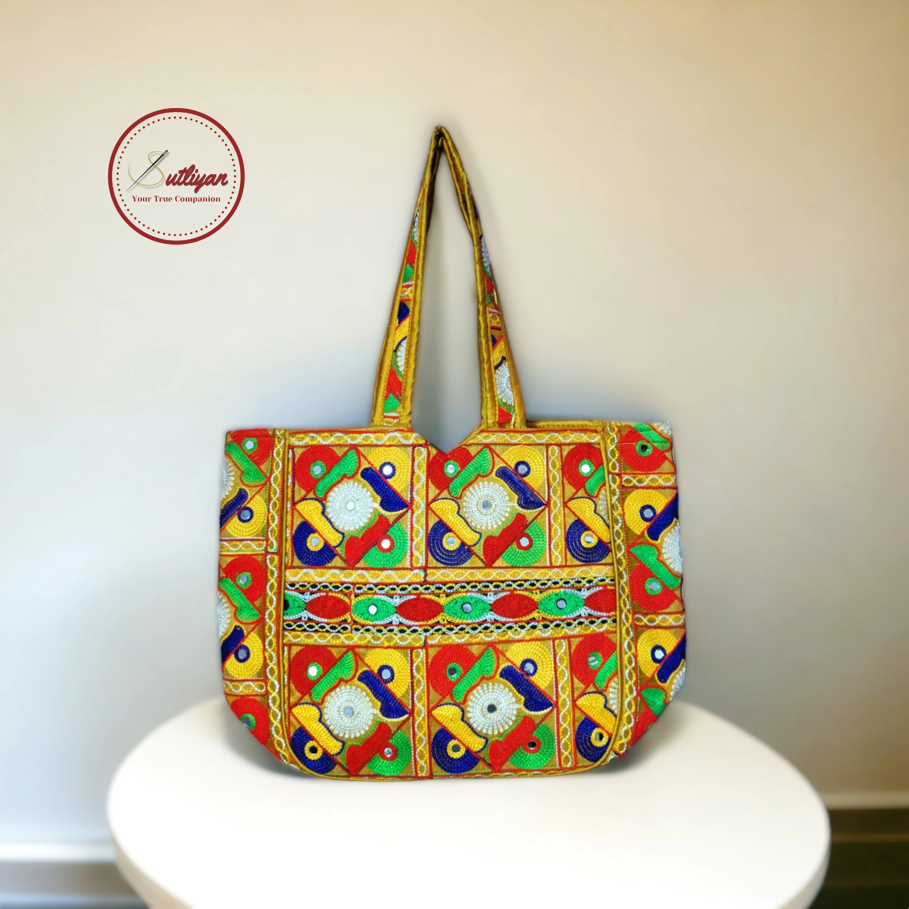 SUTLIYAN Handmade Gujarati Double-Sided Embroidery Yellow Regular Tote Bag for Women (12*16 Inch)-12334056