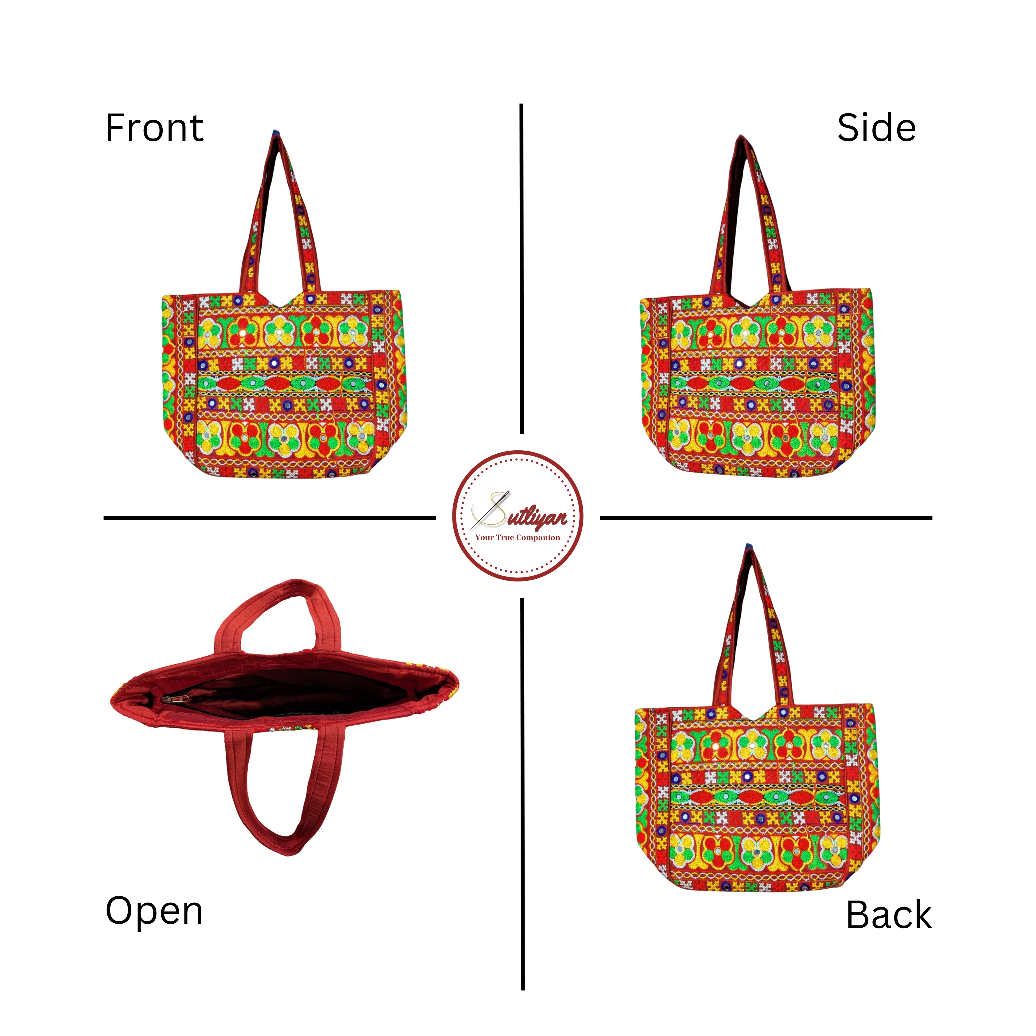 SUTLIYAN Handmade Gujarati Double-Sided Embroidery Red Regular Tote Bag for Women (12*16 Inch)-3