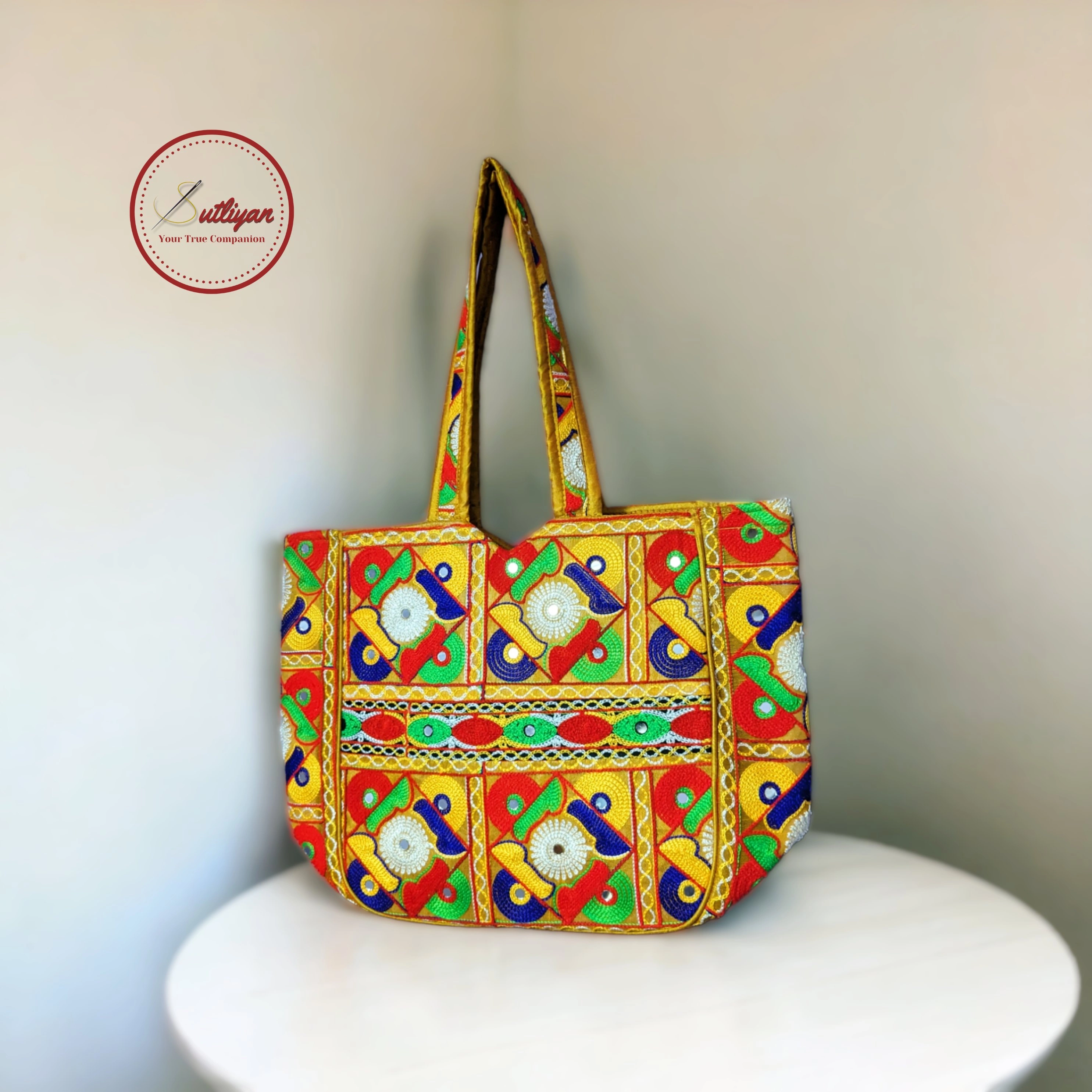 SUTLIYAN Handmade Gujarati Double-Sided Embroidery Yellow Regular Tote Bag for Women (12*16 Inch)-1