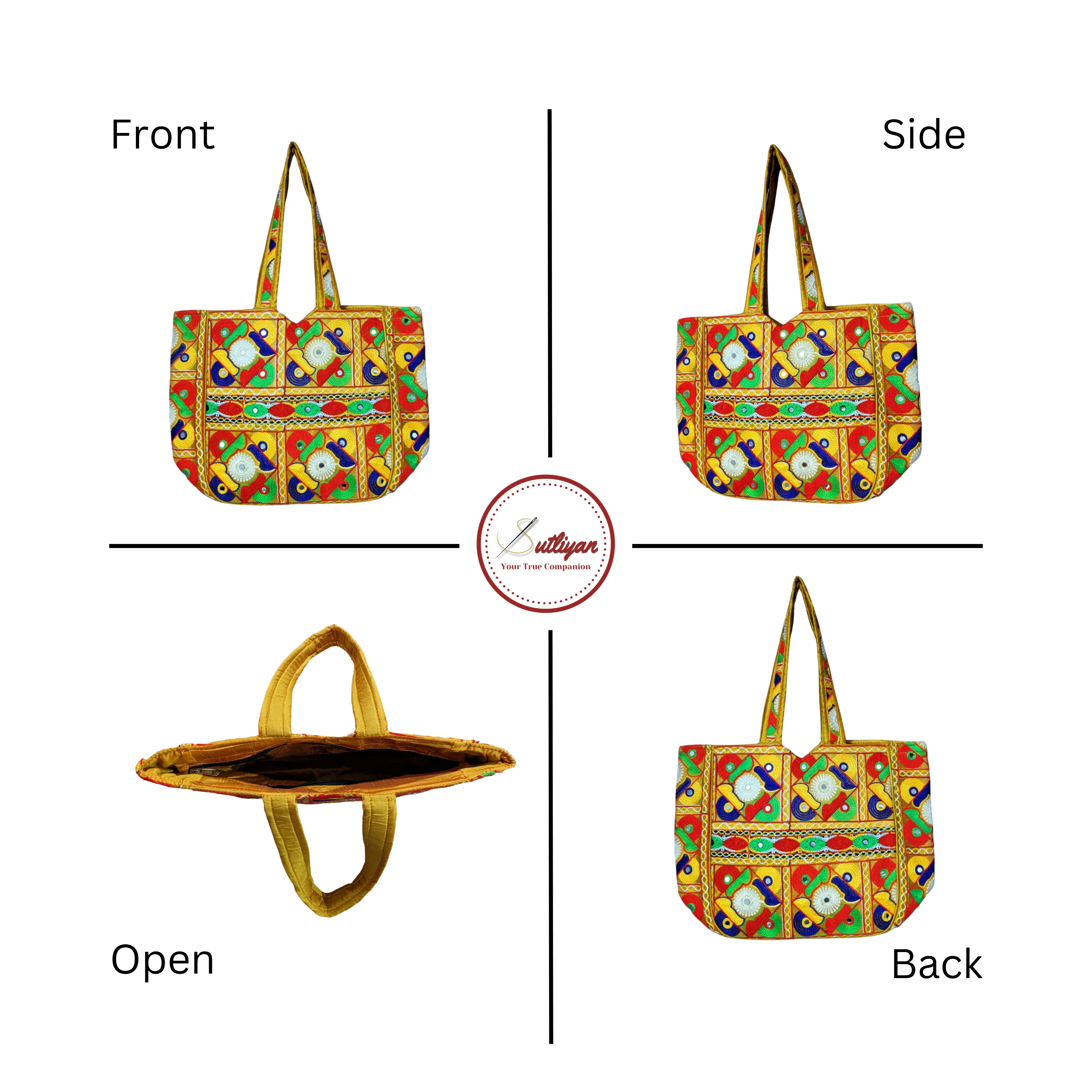 SUTLIYAN Handmade Gujarati Double-Sided Embroidery Yellow Regular Tote Bag for Women (12*16 Inch)-3