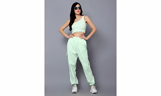 Women's Lime Green Solid Casual Co-ord Set (crop top+joggers)