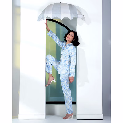 unfld women's sky blue printed satin co-ord set