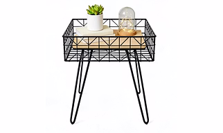 Modern Industrial Wire Side Table with Wooden Top & Hairpin Legs - Black Metal End Table for Living Room & Bedroom