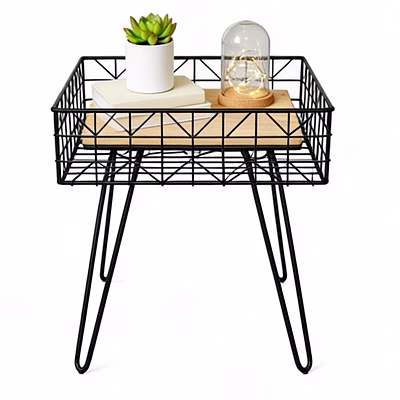 modern industrial wire side table with wooden top & hairpin legs - black metal end table for living room & bedroom