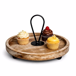 Premium Round Wooden Serving Tray with Metal Handle | Rustic Cupcake Stand | Ideal for Home & Hospitality Use